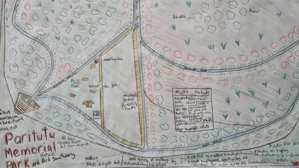 Justin Selby's hand drawn plan for Paritūtū Memorial Park