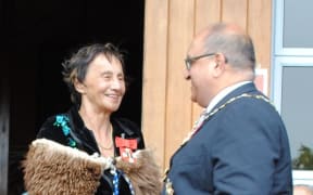 Dame June Jackson, after her investiture as DNZM, for services to Māori, by the governor-general Sir Anand Satyanand at Ngā Whare Wātea Marae, Māngere, on 18 September 2010.