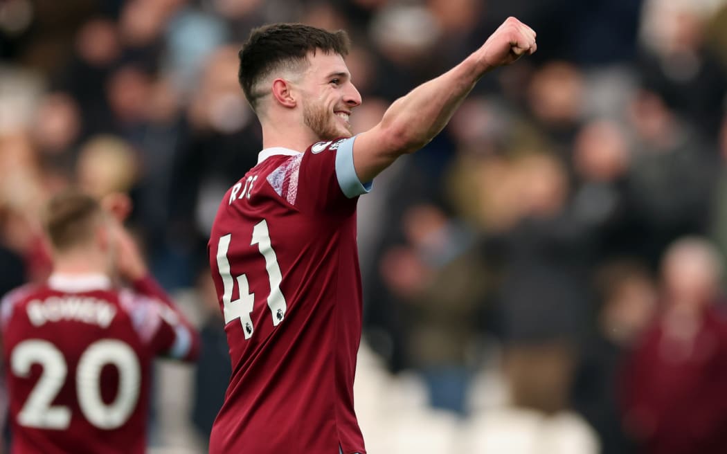 25th February 2023; London Stadium, London, England; Premier League Football, West Ham United versus Nottingham Forest; Declan Rice of West Ham United celebrates the 4-0 win