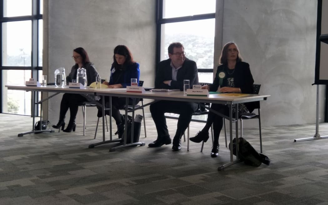 Politicians at the debate over NZers with disabilities (from left) New Zealand First's Talani Meikle, National's Nicola Willis, Labour's Grant Robertson, and The Green Party's Mojo Mathers.