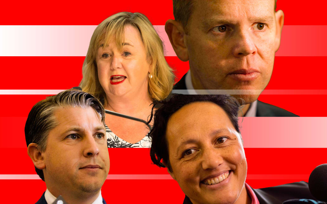 Collage of Megan Woods, Chris Hipkins, Michael Wood, and Kiri Allen