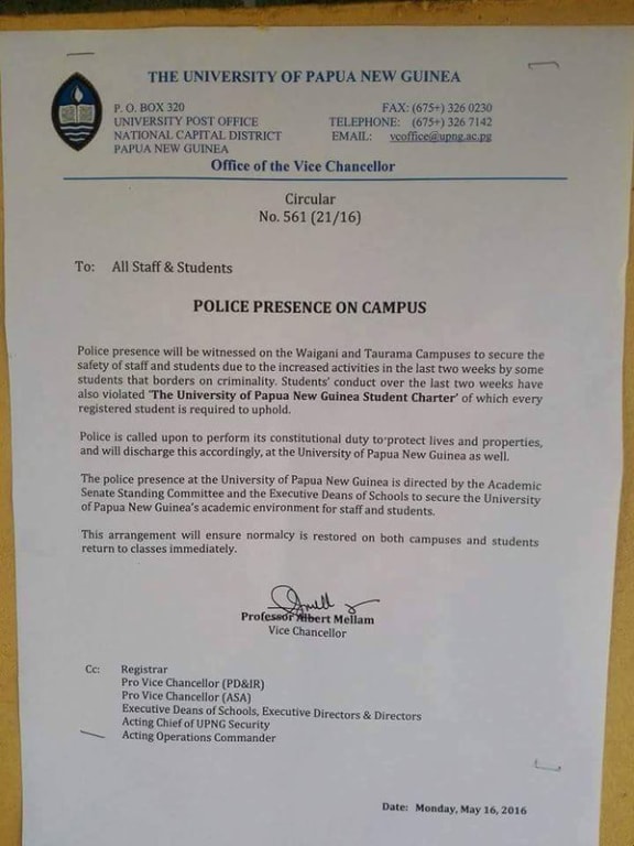 UPNG circular on student protest