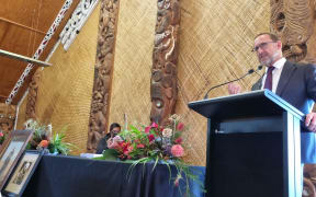 Treaty Minister Andrew Little speaks at Aotearoa Pa today.