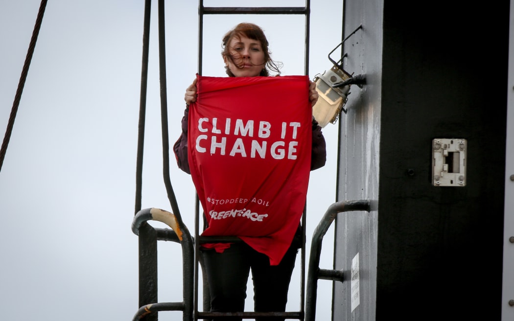 Greenpeace activist on board the government research ship Tangaroa in Wellington.