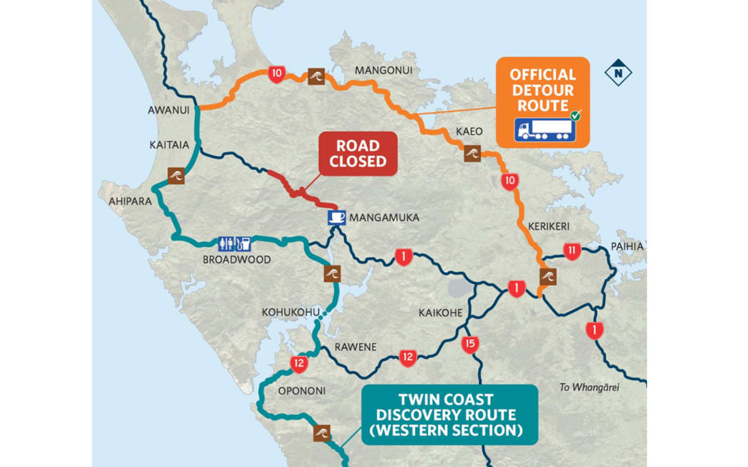 A Waka Kotahi map shows the detour route while SH1 through the Mangamuka Gorge is closed.