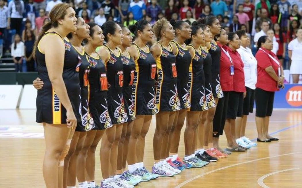 The PNG Pepes line-up at the Nations Cup netball tournament in Singapore.