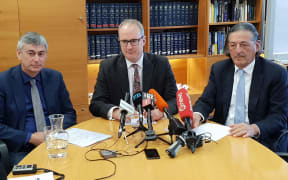 NZTA chief executive Fergus Gammie, Transport Minister Phil Twyford and NZTA board chair Michael Stiassny at the announcement on a review of  vehicle certifications.
