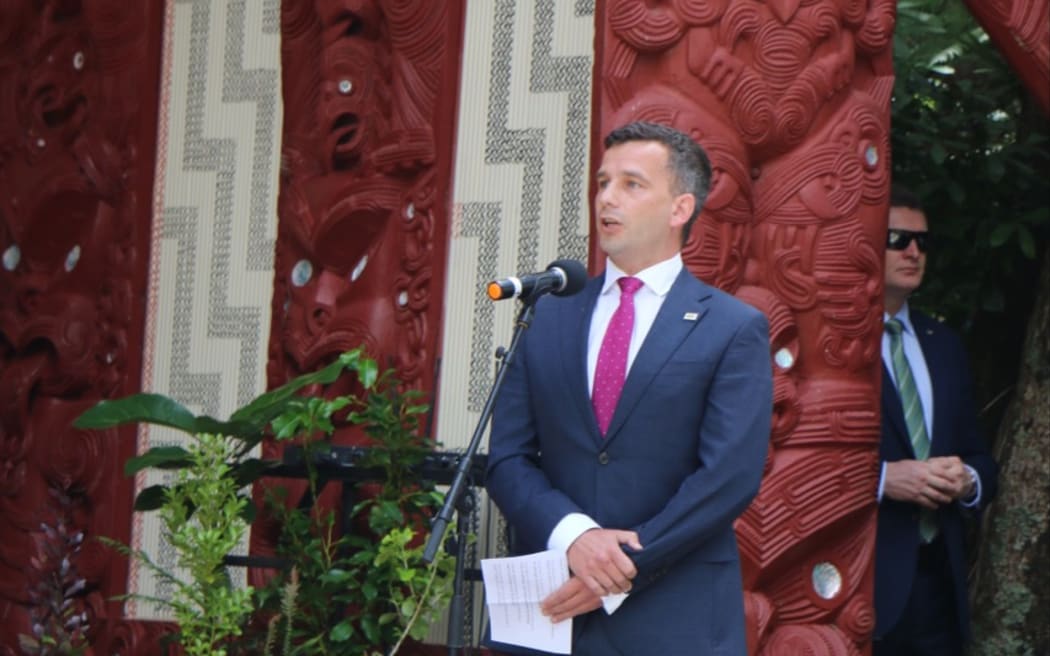 ACT Party leader David Seymour speaking at Waitangi in 2023. 