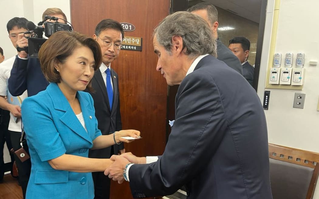 IAEA director general Rafael Grossi meeting members of the Committee for Countermeasures against Fukushima Radioactive Water Ocean Discharge at the South Korean National Assembly on 9 July 2023.