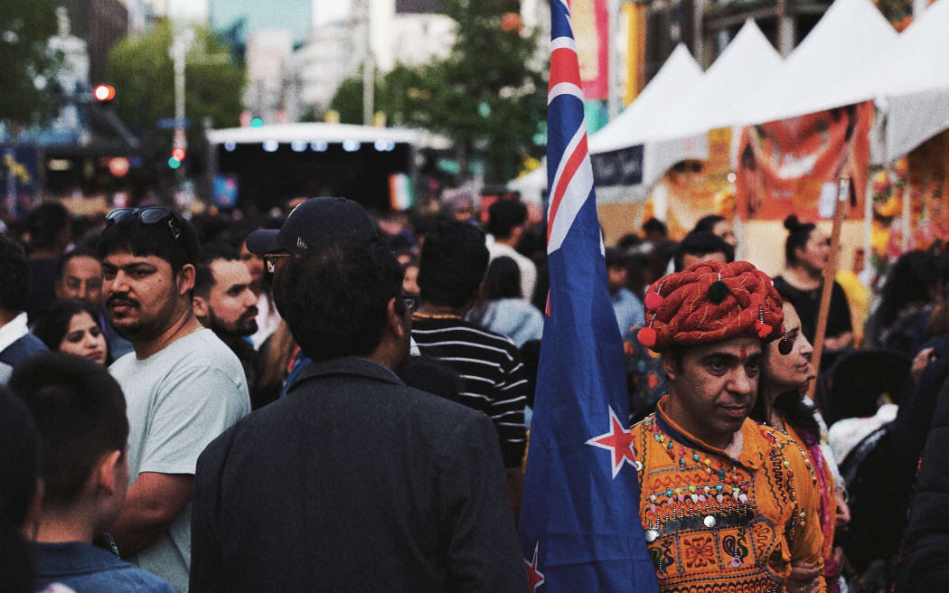 Participants gather on Queen Street to celebrate the 2023 BNZ Auckland Diwali Festival.