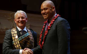Mayor Phil Goff and councillor Efeso Collins at the Auckland Council swearing in ceremony.