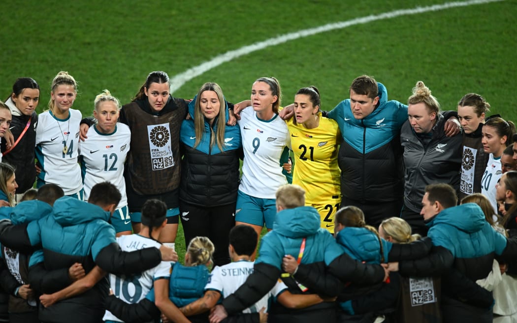 New Zealand's Football Ferns huddle after their World Cup game against Switzerland.