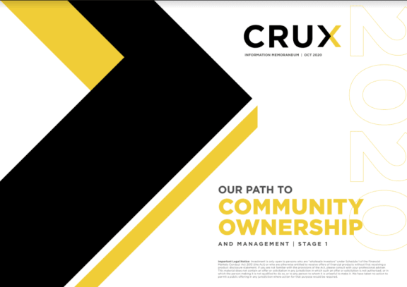 The cover of Crux's proposal for community ownership.