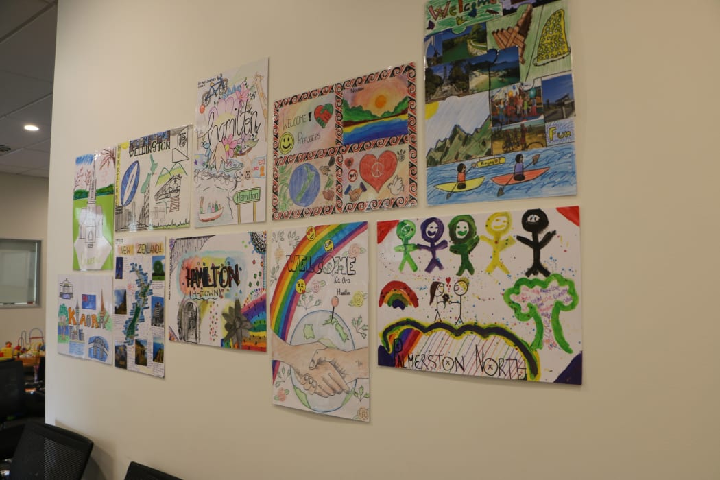 Welcome signs drawn by school students for refugees at Mangere Refugee Resettlement Centre's health centre.