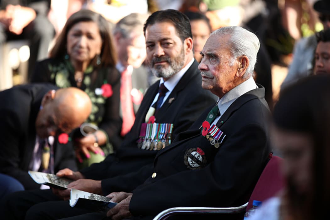 WAITANGI, NEW ZEALAND - FEBRUARY 05: Robert Bom Gillies, one of only two surviving members of the Maori Battalion (R) with Willie Apiata VC (L) at the opening of Te Rau Aroha  on February 05, 2020 in Waitangi, New Zealand.