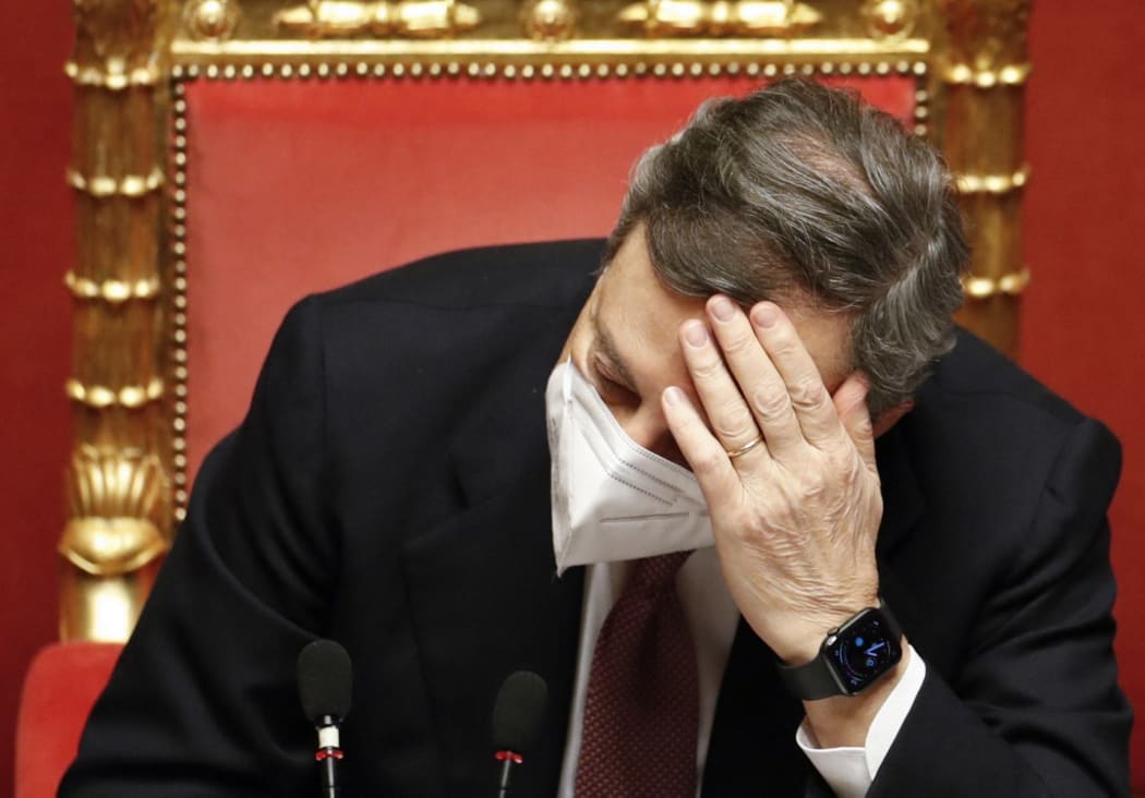 Italy's new Prime Minister Mario Draghi attends a debate at the Senate in Rome, before submitting his government to a vote of confidence.