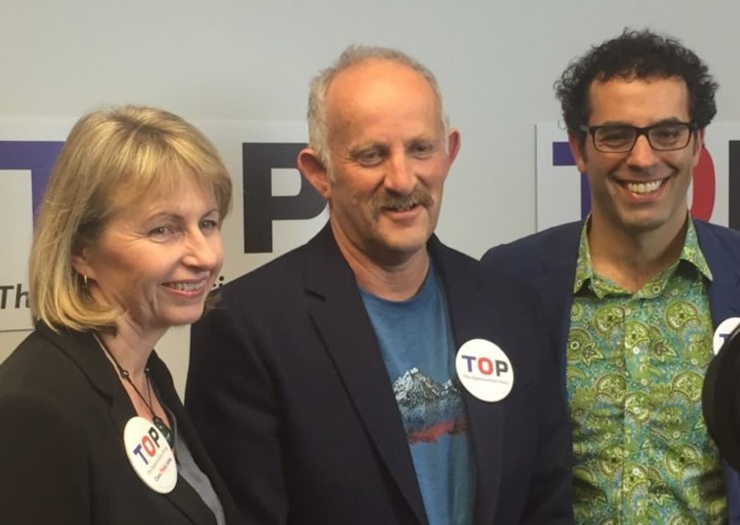 TOP Party co-deputy Teresa Moore with Gareth Morgan and Geoff Simmons in happier times.