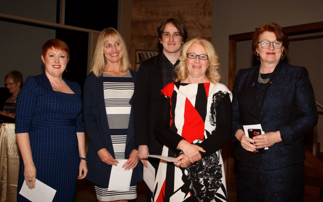 Fiona Mackie (convenor of the judging panel); Lynette Evans (Scholastic New Zealand), Marco Ivancic and Maria Gill (illustrator and author respectively) who won the Margaret Mahy Book of the Year with ANZAC Heroes, and Maggie Barry.