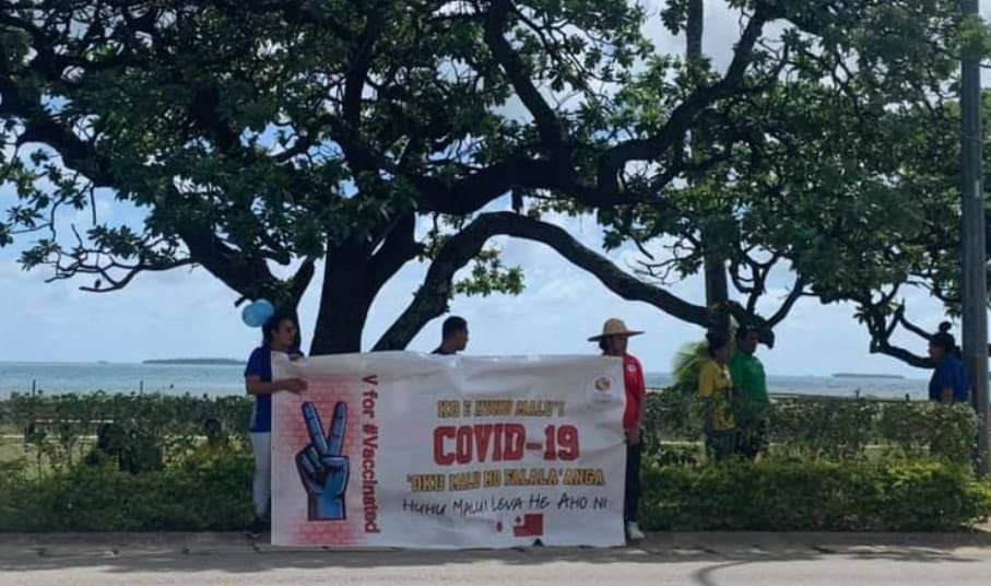 Tongan health workers promoting the Covid-19 vaccination drive.