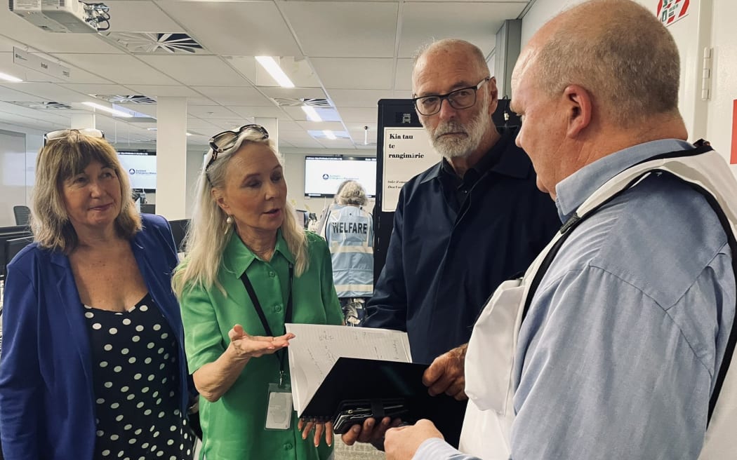 Mayor Wayne Brown at Auckland Emergency Management today, with councillor Sharon Stewart and deputy mayor Desley Simpson.