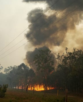 A firefighter is seen near the bushfires in Deepwater National Park area of Queensland, in northeast Australia on November 28, 2018