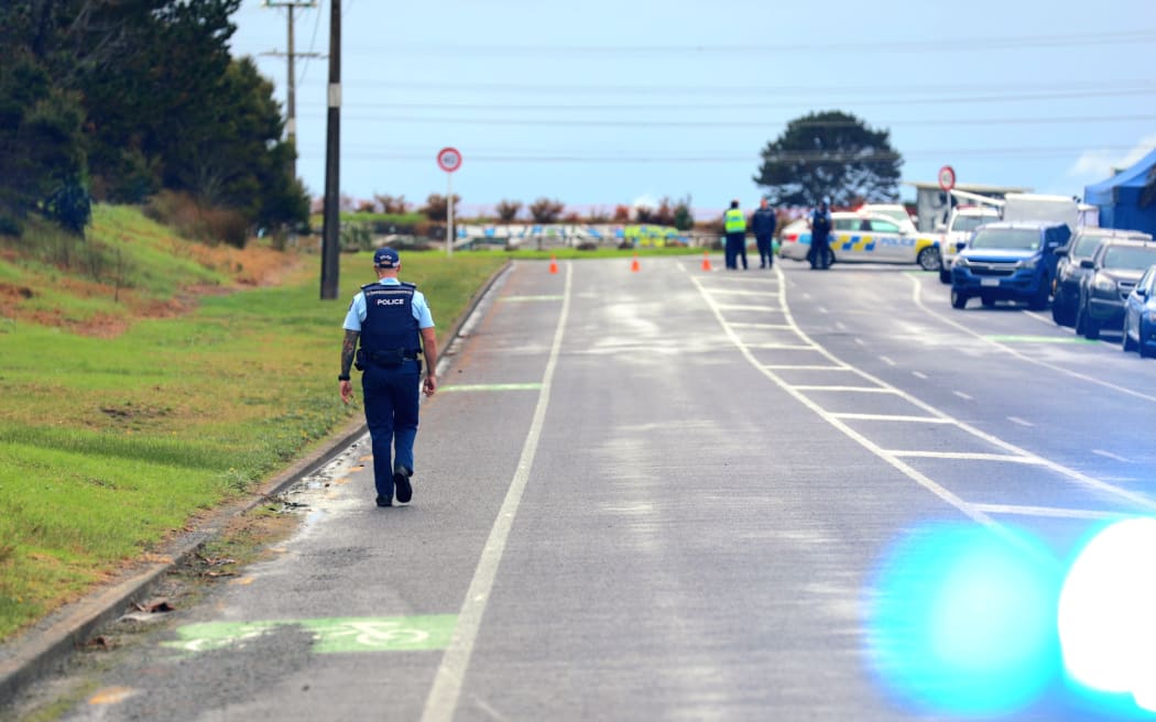 Police set up cordons after two bodies were found at a property on Peter Snell Drive in Northland on 15 May, 2023.