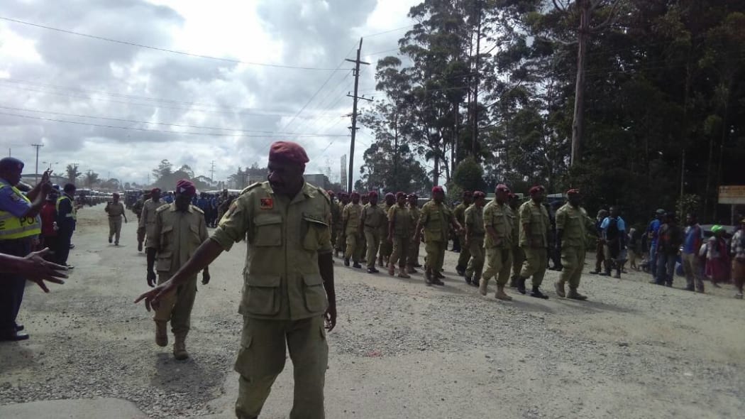 PNG security forces parade at the launch of the election security operation in Mt Hagen. Friday 26 May 2017.