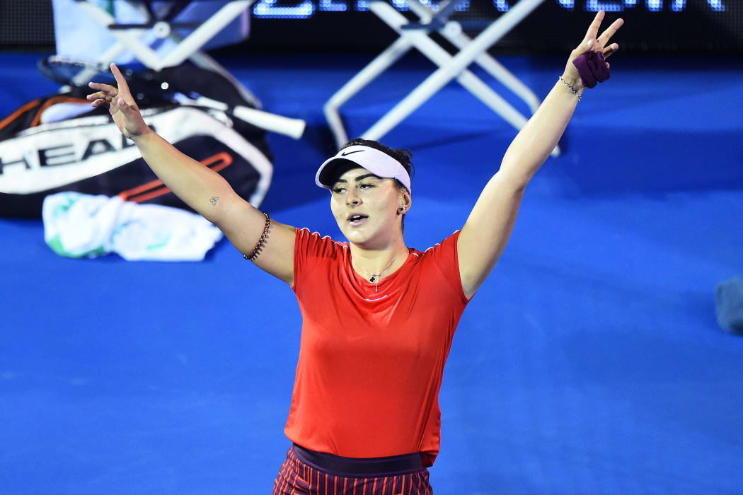 Bianca Andreescu celebrates her win over Venus Williams during the ASB Classic Quarter Finals.