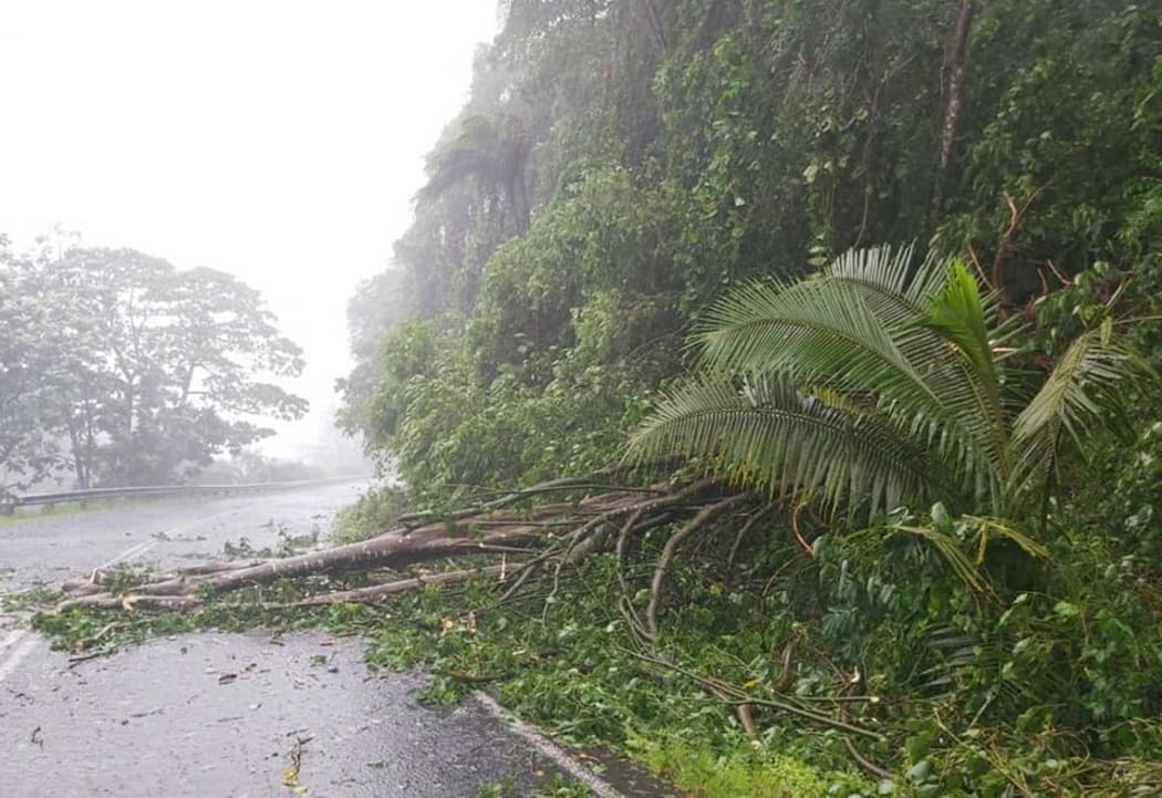 Fallen trees block Transinsular Road, near Lomaloma Village as Cyclone Yasa makes landfall in Fiji.