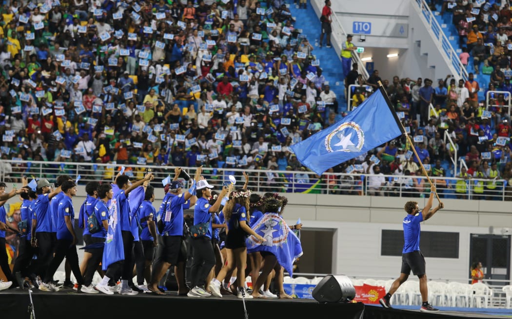 Team Marshall Islands making their entrance during the opening ceremony of the 17th Pacific Games in Honiara. 19 November 2023