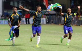 Solomon Islands players celebrate reaching the OFC Stage 3 final against New Zealand.
