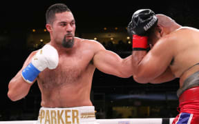 June 29, 2019; Providence, RI; Joseph Parker and Alex Leapai during their June 29, 2019 Matchroom Boxing USA card at the Dunkin Donuts Center in Providence, RI.  Mandatory Credit: Melina Pizano/Matchroom Boxing USA
