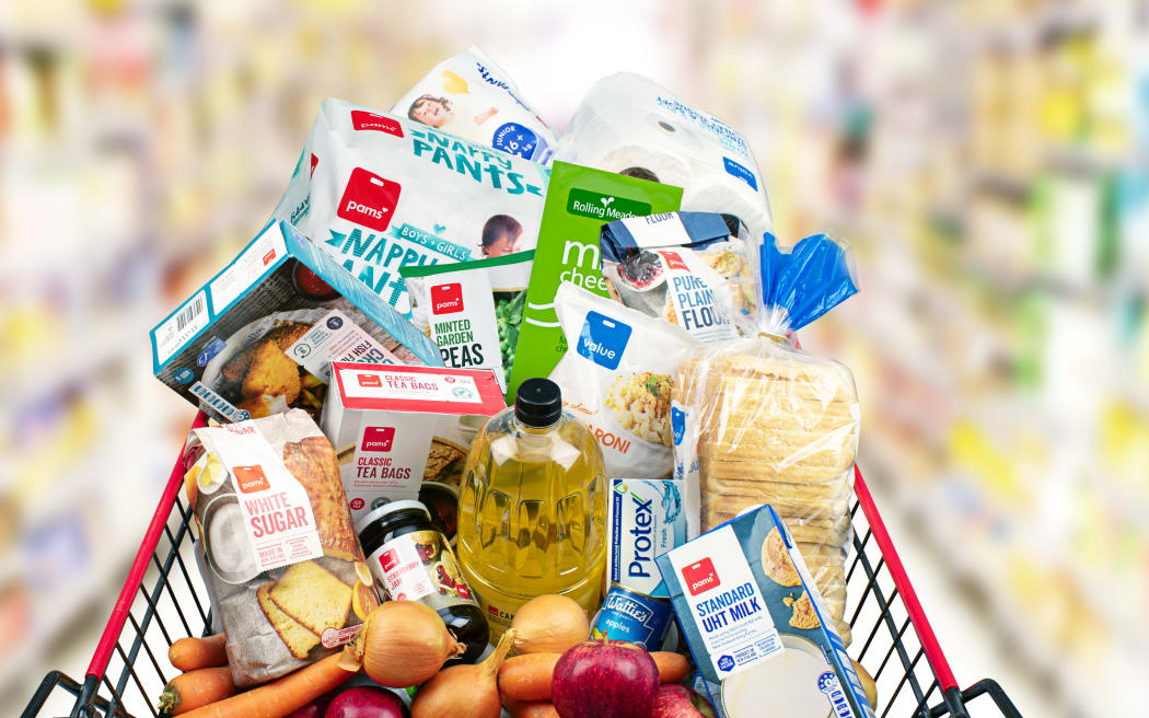 A trolley of groceries containing some Foodstuffs' branded products.
