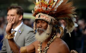 A Papua New Guinean "Fuzzy Wuzzy Angel" participates in the Anzac Day march through Sydney on April 25, 2013.