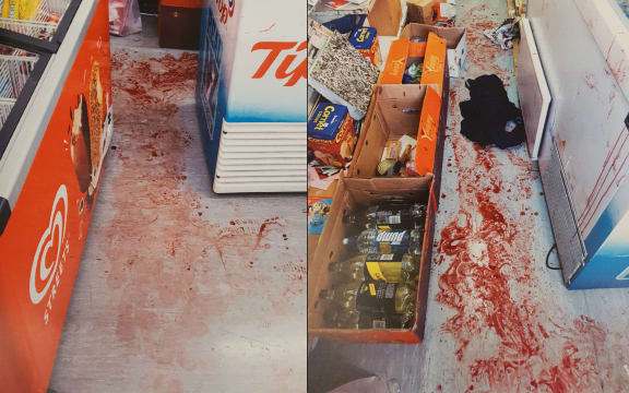 Blood on the floor after a violent robbery at a dairy in Grey Lynn.