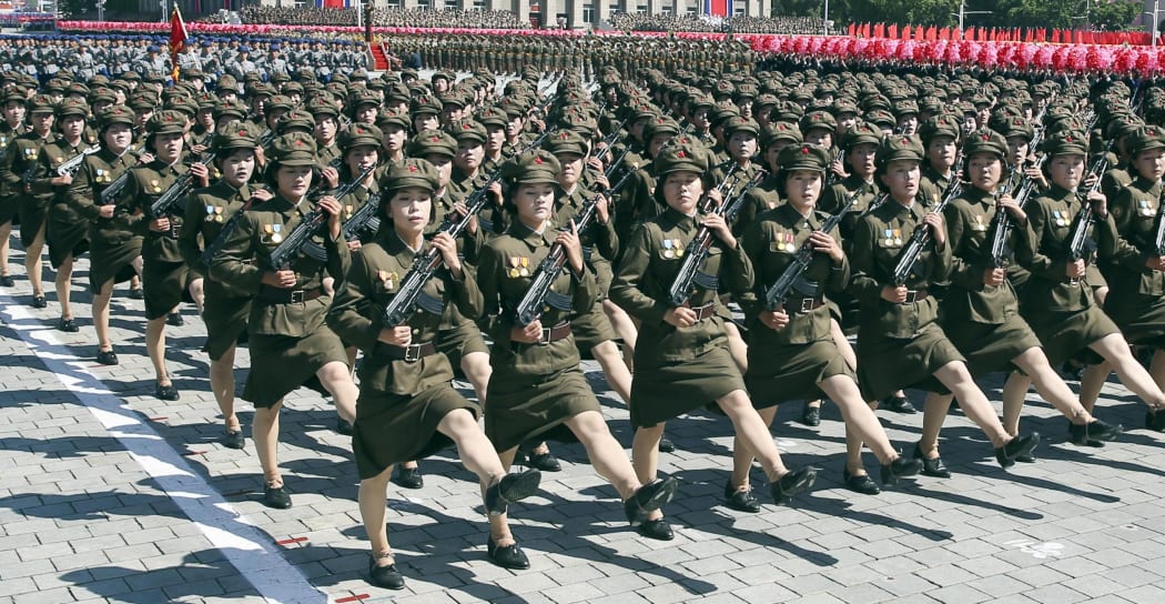 Soldiers march during a parade to celebrate the 70th anniversary of the founding of the Democratic People's Republic of Korea (DPRK)