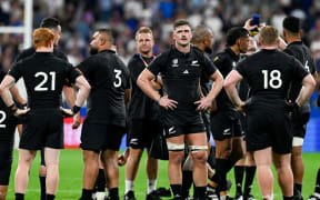 Dalton Papali'i of New Zealand and New Zealand All Blacks dejected after the match. Rugby World Cup France 2023, France v New Zealand All Blacks pool match at Stade de France, Saint-Denis, France on Friday 8 September 2023. Mandatory credit: Andrew Cornaga / www.photosport.nz