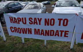 Sign at Hokianga hapu's Waitangi Tribunal land claim hearing, Tuhirangi Marae, Waima, 16 April.
