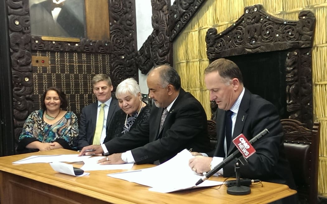 From left Maori Party MP Marama Fox, Finance Minister Bill English, Maori Party co-leaders Tariana Turia and Te Ururoa Flavell and Prime Minister John Key.