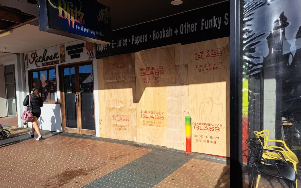 My Blitz vape shop in Takapuna, boarded up following a ram raid at about 1am on 15 July 2023.