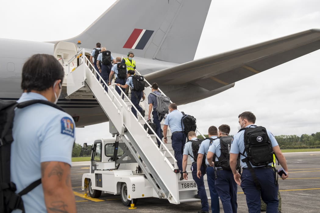 Police depart RNZAF Base Auckland for the Solomon Islands on a Royal New Zealand Air Force Boeing 757.