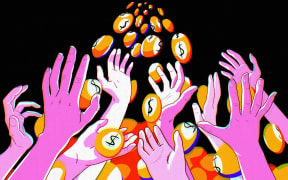 Hands reaching out for Lotto balls with dollar signs printed on them