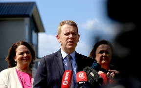 Labour leader Chris Hipkins speaks to media after announcing the party's solar panels and battery rebate policy.