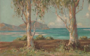 A painting of a beach with two trees.