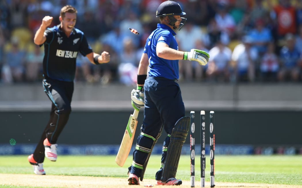 Ian Bell is bowled by Tim Southee during the ICC Cricket World Cup match between New Zealand and England in Wellington.