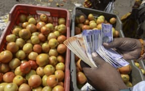 A trader counts money at a vegetable wholesale market in Hyderabad on 24 November 2021, as the retail price for tomatoes reached rupees 100 per kg due to unseasonal rains and a hike in fuel cost in several parts of the country.