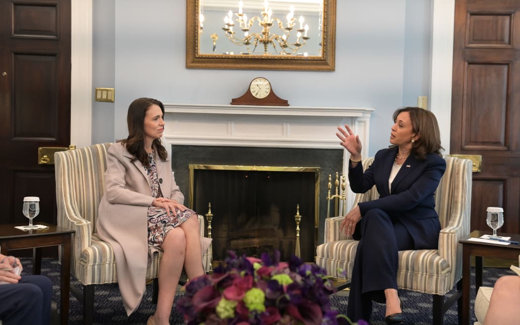 Prime Minister Jacinda Ardern with US Vice President Kamala Harris at the White House.