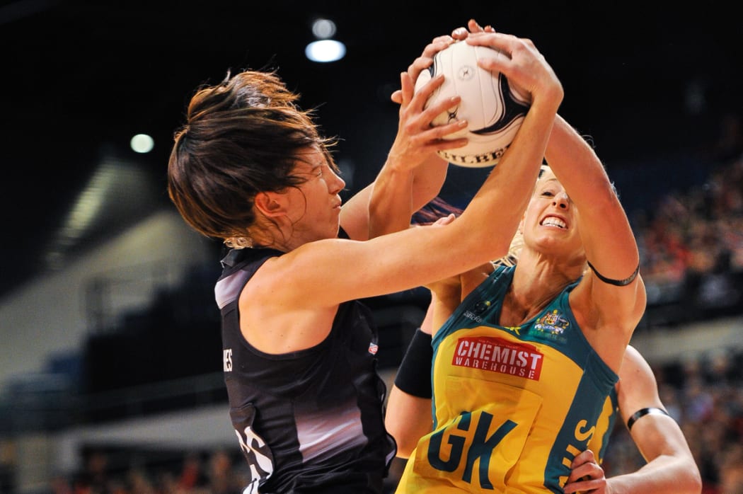 Bailey Mes of the Silver Ferns and Laura Geitz of the Diamonds fight for a ball during the Constellation Cup Netball match, Silver Ferns v Australia, in Christchurch, on the 20th October 2015.