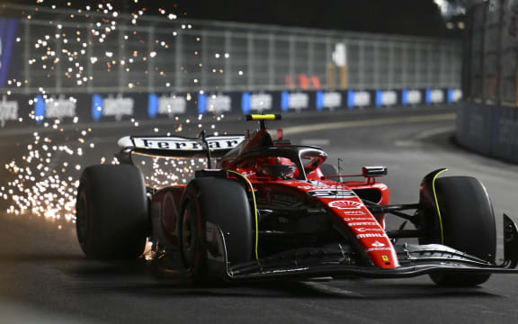 Ferrari's Spanish driver Carlos Sainz Jr., races during the second practice session for the Las Vegas Formula One Grand Prix on November 17, 2023, in Las Vegas, Nevada. (Photo by ANGELA WEISS / AFP)