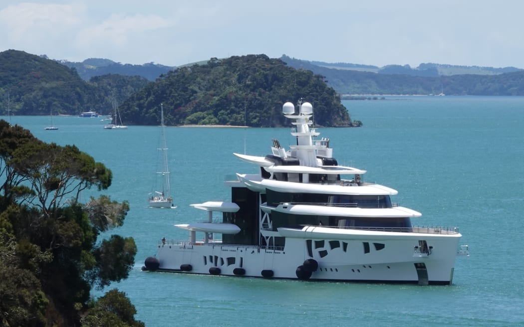 The 80-metre superyacht Artefact, owned by Canadian tech entrepreneur Mike Lazaridis, arrives in the Bay of Islands.